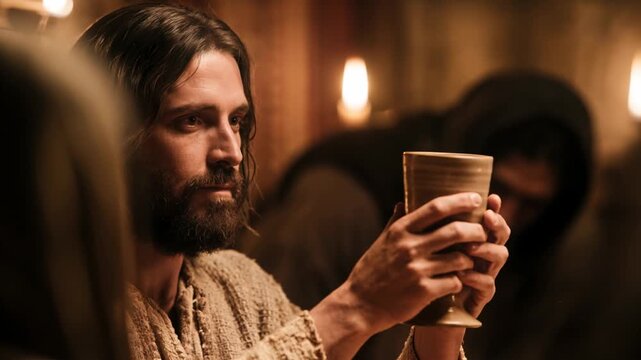Jesus Christ holding the cup at the Last Supper, a solemn moment with the disciples, a biblical religious scene from Holy Week.