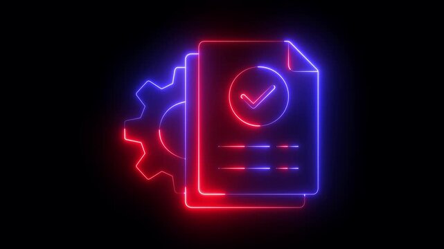 glowing neon Digital document verification and approval with secure online workflow, check marks, data verification, file management icon. Document settings icon animation with file and gear symbol.