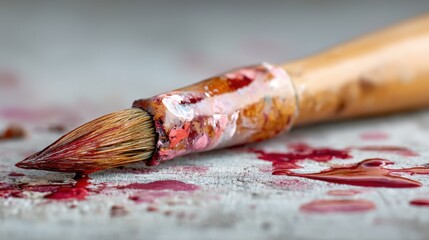 Fototapeta premium Close-Up of Paintbrush with Red Paint Stains on Canvas Surface in Artistic Studio Setting