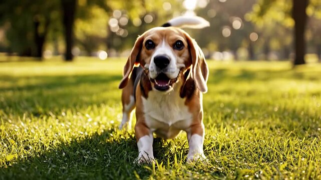 Playful beagle in the grass, with soft green bokeh background