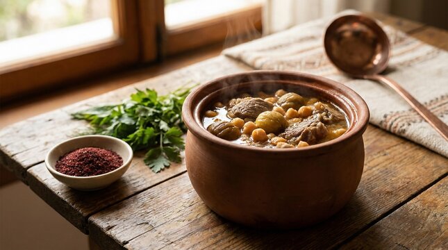 A hearty bowl of homemade azerbaijani piti made with meat and vegetables, served on a rustic wooden table by a window with a side of herbs and spices.