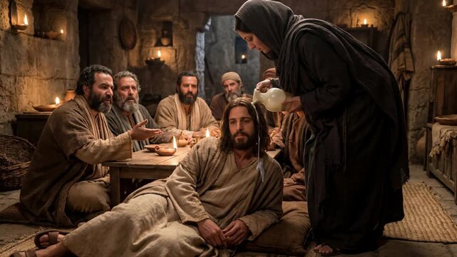 A woman anoints a man, Jesus Christ, with oil, while disciples and Pharisees watch the scene around the table in the house of the Pharisee Simon. A Gospel event.