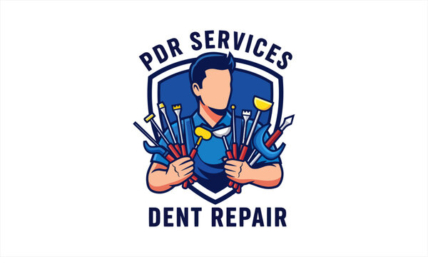 Professional PDR Services Dent Repair Technician with Tools Emblem.