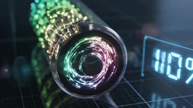 Futuristic battery showing a charge level and glowing elements within a transparent casing on a grid-like surface
