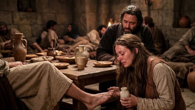 A woman anoints the bare feet of Jesus Christ with oil and her hair, depicting a touching biblical scene from Holy Week. A Gospel event