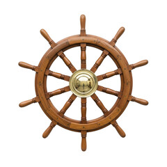 A close-up view of a large, intricately designed wooden ship's wheel isolated on transparent background