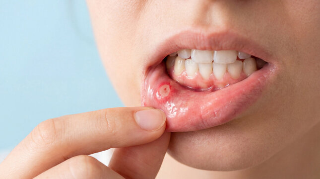 Close-up of a painful canker sore (aphthous ulcer) on the lower lip, indicating oral health issues or discomfort