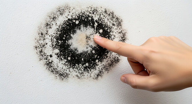 Finger pointing at severe black mold growth on a white wall, indicating a serious indoor air quality and property damage issue