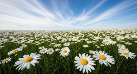 Beautiful field of white daisies under blue sky