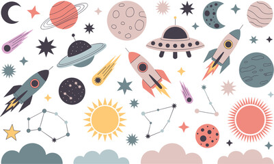 Colorful space pattern with rockets planets sun stars constellations and UFO seamless vector illustration © Kharshad Creative