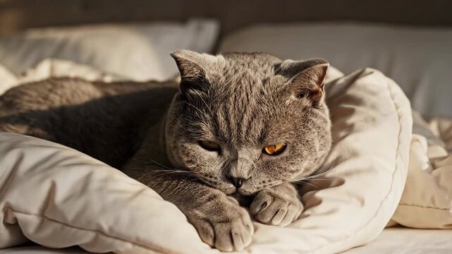 Grey cat lounging on a beige comforter in sunlight, amber eyes gazing