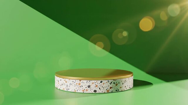 Podium showcase terrazzo base, gold top, green backdrop, & lens flare