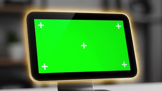 Modern computer monitor with green screen and white plus signs for chroma key