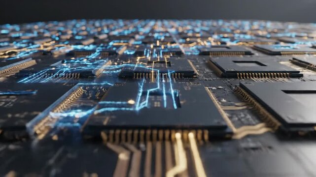 Futuristic circuit board with glowing blue & gold traces, stretching to the horizon in digital complexity