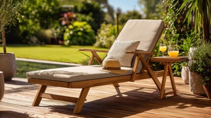 Obraz premium Relaxing outdoor lounge scene with a sun lounger, garden greenery, and warm light