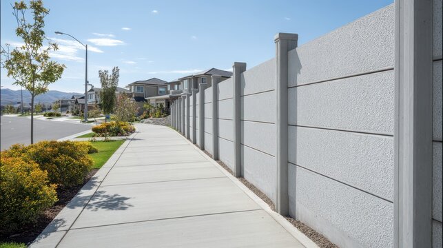 Residential boundary fence: precast concrete panels and columns beside a paved road