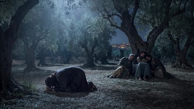 The man is praying on his knees at night while his disciples sleep nearby in an olive grove setting at gethsemane.