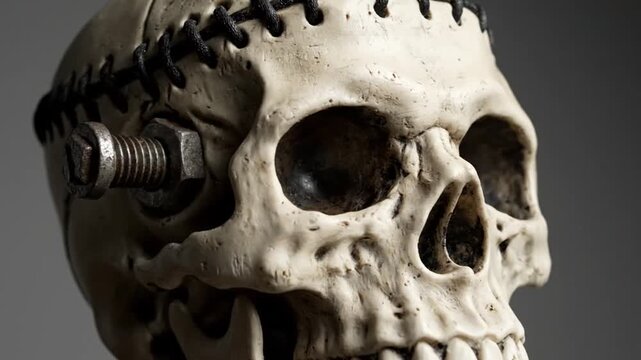 Close-up of a sculpted skull, with stitched seam and a metallic bolt for the eye