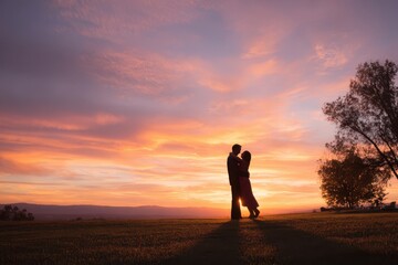 Obraz premium Romantic sunset silhouette of a dancing couple in an open outdoor setting