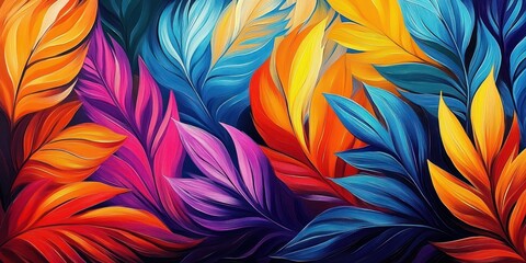 Vibrant flowing abstract leaves in blue, orange, yellow and purple, layered tropical foliage with dynamic energetic movement and joyful colorful textures