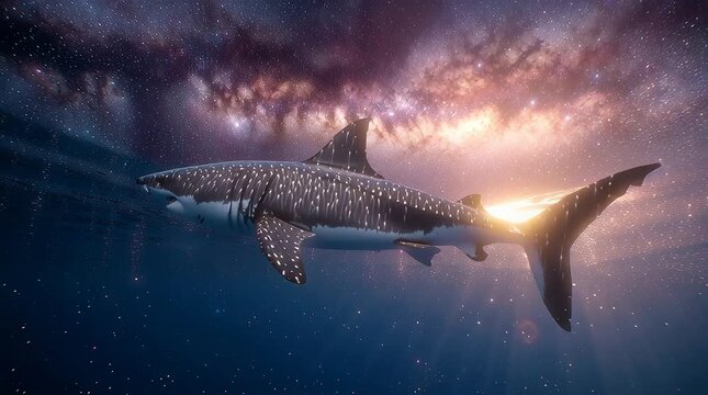 A whale shark swimming through a star-filled night sky. Surreal, dreamlike scene combining ocean life with cosmic elements. Generative AI, 4K video.