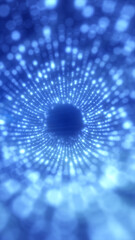 Fototapeta premium Blue glowing dot tunnel forming a radial vortex with depth and motion blur, abstract futuristic background for data flow and sci-fi technology
