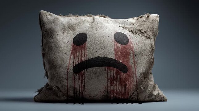 Pillow with a sad smiley face drawn and crying on a gray background. Concept of loneliness, depression, sadness, and emotional distress. Minimal, symbolic scene. Generative AI, 4K video.