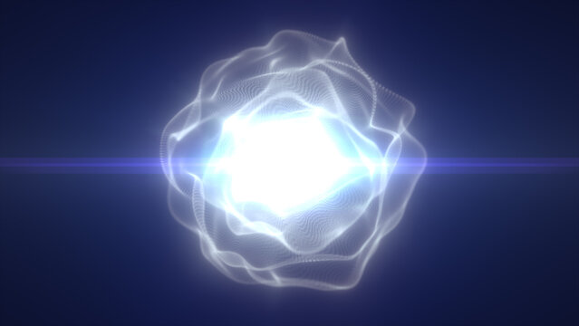 Blue white luminous energy sphere with soft plasma waves and horizontal flare, abstract futuristic light core on dark blue background