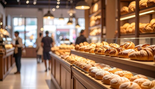 Bakery Interior with Fresh Bread Display and Customers.