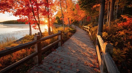 Scenic boardwalk through vibrant fall colors with red, orange, and gold leaves near a quiet lake