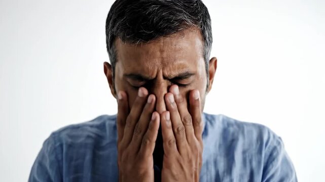 Portrait of a man grimacing with hands on his temples in distress against a white background