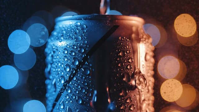 Chilled condensation covers a cylindrical can, bathed in blue and orange hues with blurred bokeh lights