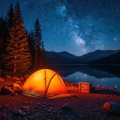 Camping under the starry night sky near a calm lake