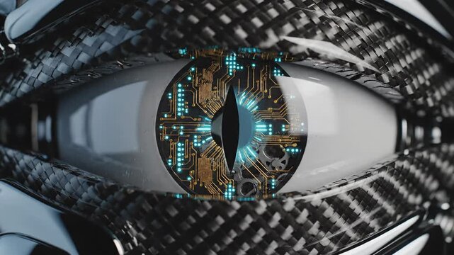 Futuristic eye, the iris is a circuit board with gears, encased in a carbon fiber weave-like structure