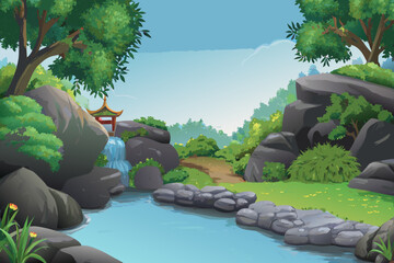 A serene landscape depicts a japanese garden with a waterfall and stone path