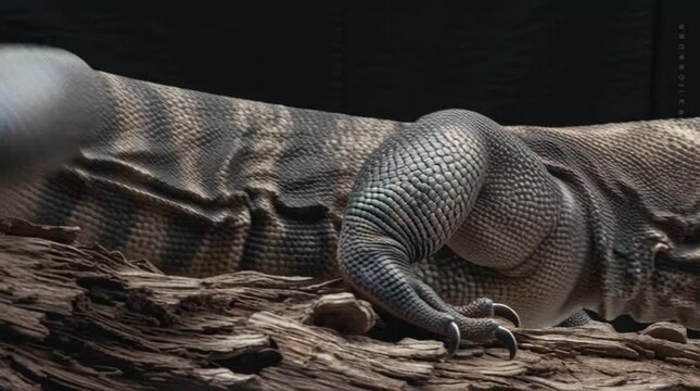 Close-up of a monitor lizard's scales on tree bark against a dark background.