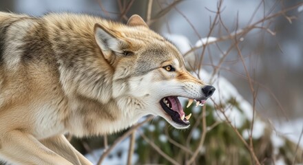 Obraz premium A fierce grey wolf snarls aggressively with bared fangs while navigating a snowy forest, illustrating its territorial and predatory nature.