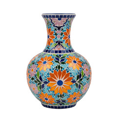 A beautifully handcrafted ceramic vase showcasing intricate patterns and vibrant colors isolated on transparent background