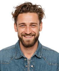 Fototapeta premium Smiling man portrait in denim jacket professional headshot, isolated on transparent background, png