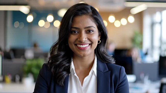 Portrait of a smiling woman in a blazer, office background with blurred lights and greenery