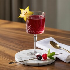 Cocktail served on marble slab with fresh garnish