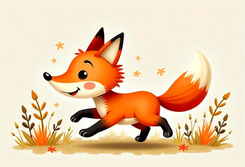 Obraz premium The illustration is done in watercolor. A cheerful fox cub runs among the grass and flowers.