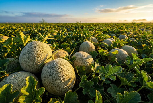 Generated AI Fresh Cantaloupe Melons Growing in Sunlit Field at Sunset for Agriculture Concept.
