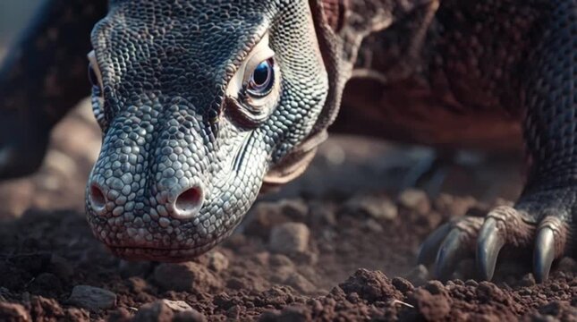 Close-up shot of a dinosaur's scaly head and sharp claws on rocky ground with earthy tones.