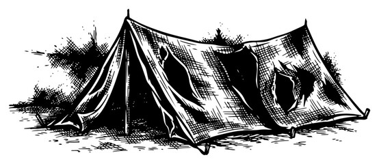 Hand drawn engraving style illustration of an old tattered and torn canvas tent shelter © Anna