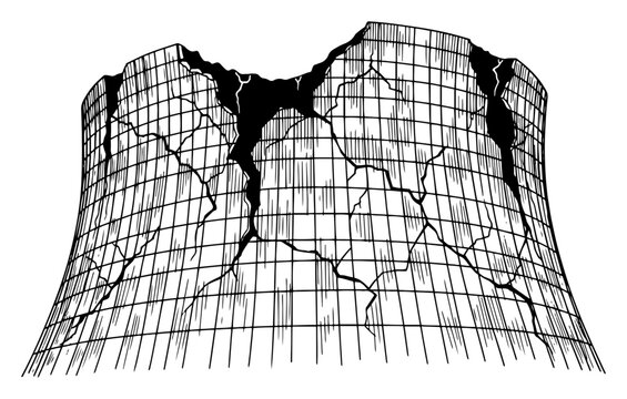 Crumbling industrial cooling tower with deep cracks in hand drawn engraving style