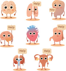Obraz premium Cute human organs cartoon character collection holding help signs including brain heart lungs stomach liver kidney and uterus in flat vector style for medical health care awareness and education desig