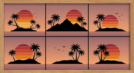 Tropical Sunset Silhouettes Palm Trees Mountain Ocean 