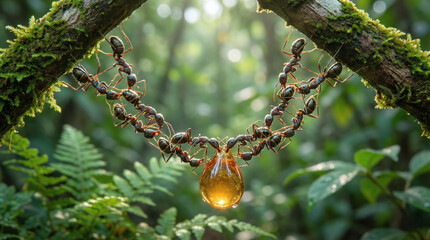 Weaver Ants Chain Holding Amber Drop Jungle