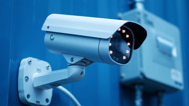 Outdoor CCTV Security Camera Scanning on Blue Wall With Infrared Lens Glow Cinematic Surveillance Technology Video